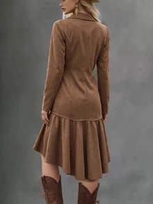 LUMIGAL Gaun Wanita Model Duyung Lengan Panjang Berkerah Warna Bumi Terbaru Musim Semi/Gugur, Cocok untuk Kencan, Perjalanan, Pesta, dan Berbagai Acara. - Coklat - View 2
