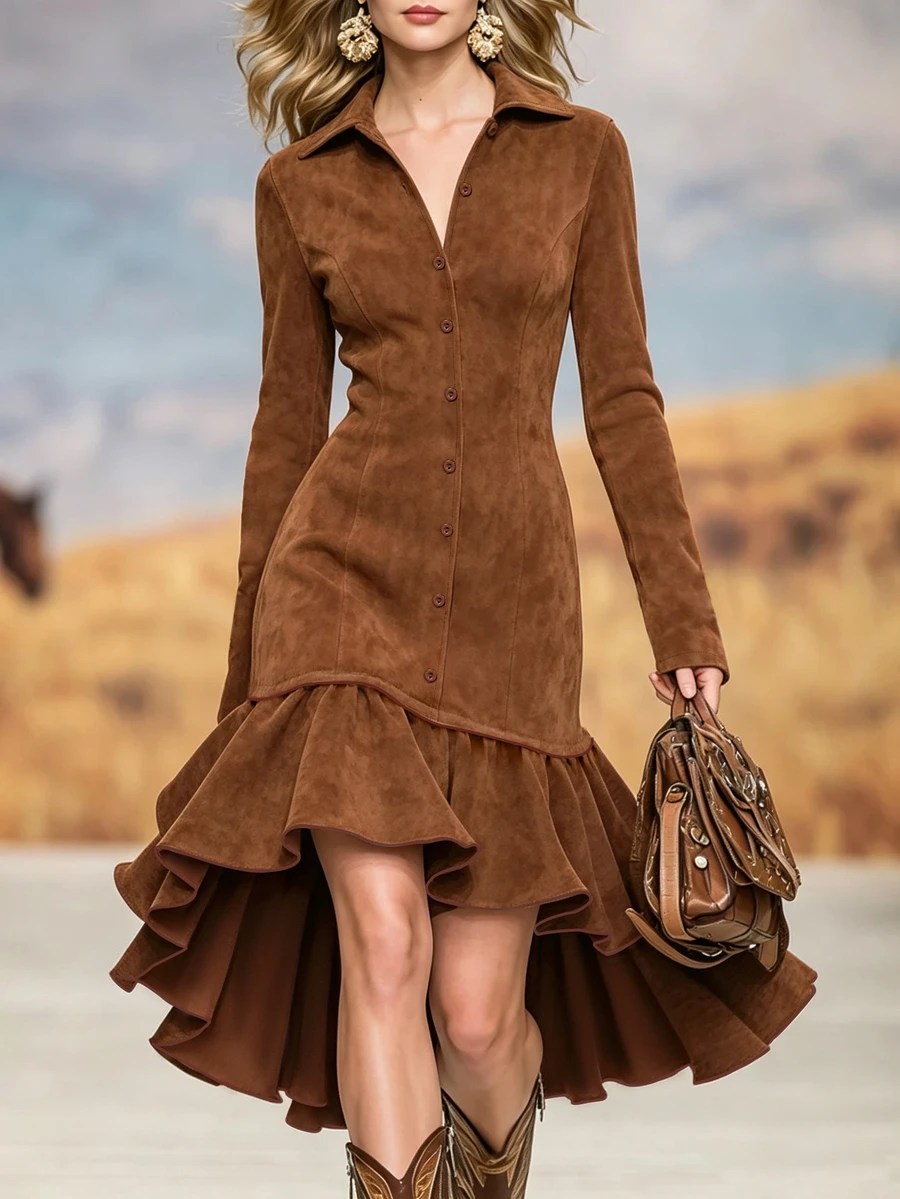 LUMIGAL Gaun Wanita Model Duyung Lengan Panjang Berkerah Warna Bumi Terbaru Musim Semi/Gugur, Cocok untuk Kencan, Perjalanan, Pesta, dan Berbagai Acara. - Coklat - View 1
