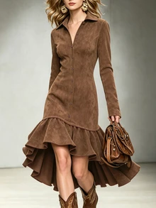 LUMIGAL Gaun Wanita Model Duyung Lengan Panjang Berkerah Warna Bumi Terbaru Musim Semi/Gugur, Cocok untuk Kencan, Perjalanan, Pesta, dan Berbagai Acara. - Coklat - View 4