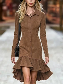 LUMIGAL Gaun Wanita Model Duyung Lengan Panjang Berkerah Warna Bumi Terbaru Musim Semi/Gugur, Cocok untuk Kencan, Perjalanan, Pesta, dan Berbagai Acara. - Coklat - View 5