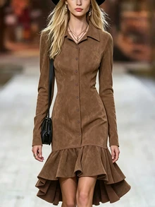 LUMIGAL Gaun Wanita Model Duyung Lengan Panjang Berkerah Warna Bumi Terbaru Musim Semi/Gugur, Cocok untuk Kencan, Perjalanan, Pesta, dan Berbagai Acara. - Coklat - View 7