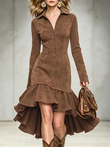 LUMIGAL Gaun Wanita Model Duyung Lengan Panjang Berkerah Warna Bumi Terbaru Musim Semi/Gugur, Cocok untuk Kencan, Perjalanan, Pesta, dan Berbagai Acara. - Coklat - View 6