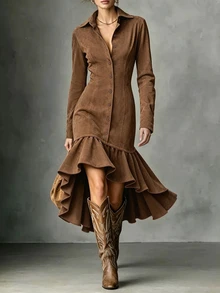 LUMIGAL Gaun Wanita Model Duyung Lengan Panjang Berkerah Warna Bumi Terbaru Musim Semi/Gugur, Cocok untuk Kencan, Perjalanan, Pesta, dan Berbagai Acara. - Coklat - View 3