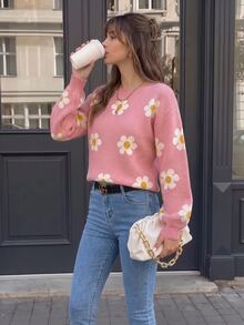 valorelle valorelle Floral Pattern Drop Shoulder Sweater Knit Pullover Fall Winter - Baby Pink - View 6