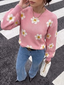 valorelle valorelle Floral Pattern Drop Shoulder Sweater Knit Pullover Fall Winter - Baby Pink - View 4