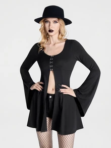Breakform Atasan Rajut Lengan Lonceng Gaya Gothic Punk Gelap untuk Wanita, Pas Badan, dan Belahan Depan Panjang - Hitam - View 4