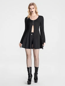 Breakform Atasan Rajut Lengan Lonceng Gaya Gothic Punk Gelap untuk Wanita, Pas Badan, dan Belahan Depan Panjang - Hitam - View 3