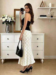 Celisse White Striped Ripple Velvet Bodycon Mermaid Elegant French Autumn/Winter Women's Long Skirt Brunch - White - View 2