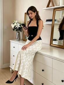 Celisse White Striped Ripple Velvet Bodycon Mermaid Elegant French Autumn/Winter Women's Long Skirt Brunch - White - View 6