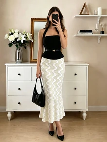 Celisse White Striped Ripple Velvet Bodycon Mermaid Elegant French Autumn/Winter Women's Long Skirt Brunch - White - View 3