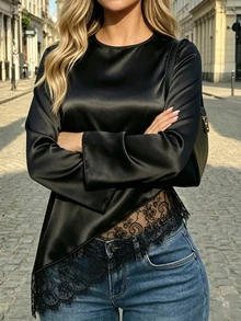 INAWLY Plus Size Women Elegant Solid Color Lace Patchwork Blouse - Black - View 3