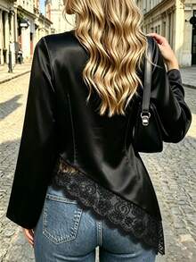 INAWLY Plus Size Women Elegant Solid Color Lace Patchwork Blouse - Black - View 2