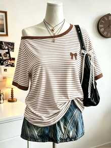 Lalippa Plus Size Y2K Vintage Striped T-Shirt For Women, Large Scoop Neck Cold Shoulder Short Sleeve Top, Suitable For Daily Casual Wear And Gatherings - Multicolor - View 3