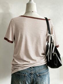 Lalippa Plus Size Y2K Vintage Striped T-Shirt For Women, Large Scoop Neck Cold Shoulder Short Sleeve Top, Suitable For Daily Casual Wear And Gatherings - Multicolor - View 2