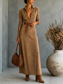 SHEIN Franclia Gaun Lengan Panjang Wanita Minimalis Serbaguna dengan Kancing Setengah Plaket - Coklat - View 11