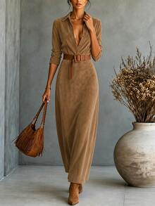SHEIN Franclia Gaun Lengan Panjang Wanita Minimalis Serbaguna dengan Kancing Setengah Plaket - Coklat - View 2