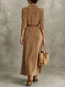 SHEIN Franclia Gaun Lengan Panjang Wanita Minimalis Serbaguna dengan Kancing Setengah Plaket - Coklat - View 3