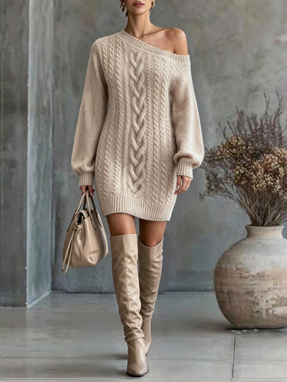 Trelyra Vestido de punto para mujer estilo occidental elegante renacentista otoño/invierno casual unicolor cuello asimétrico para salir y negocios marrón