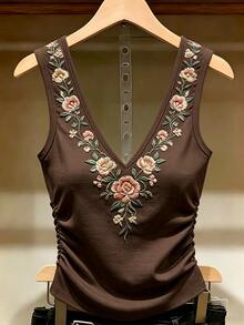 SHEIN 夏季休閒花卉印花背心 - 棕色 - 查看 5