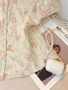 SHEIN 純色圓領前開襟歐根紗刺繡女款短袖襯衫 - 粉色 - 查看 9