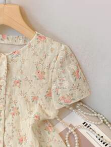 SHEIN 純色圓領前開襟歐根紗刺繡女款短袖襯衫 - 粉色 - 查看 4