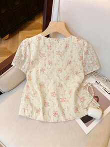 SHEIN 純色圓領前開襟歐根紗刺繡女款短袖襯衫 - 粉色 - 查看 3