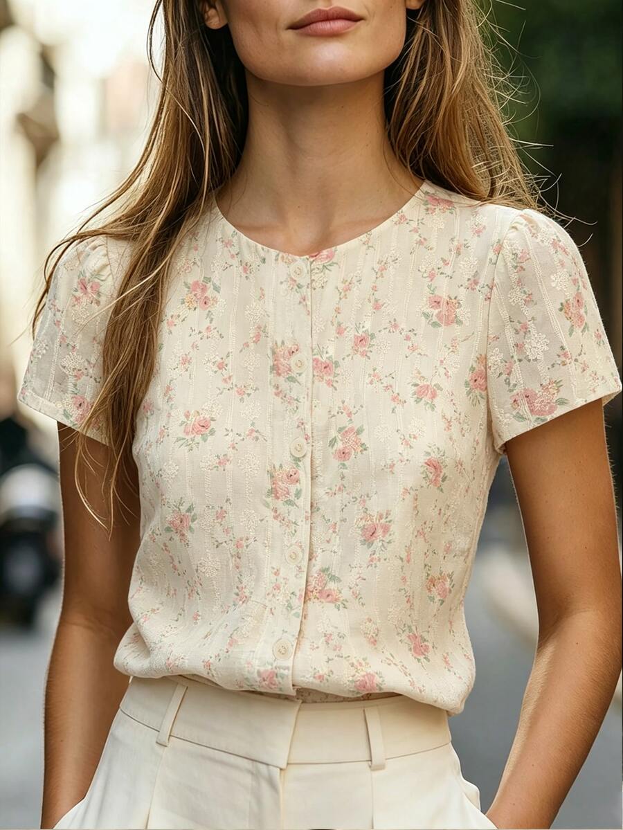 SHEIN 純色圓領前開襟歐根紗刺繡女款短袖襯衫