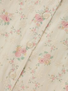 SHEIN 純色圓領前開襟歐根紗刺繡女款短袖襯衫 - 粉色 - 查看 8
