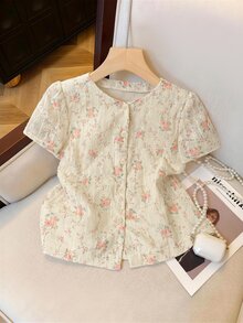 SHEIN 純色圓領前開襟歐根紗刺繡女款短袖襯衫 - 粉色 - 查看 6