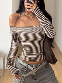 Coolane Women's Fall/Winter Streetwear Casual Y2k Basic Daily Wear Rib Knit Striped Stretchy Bustier Off The Shoulder T-Shirt - Brown - View 3