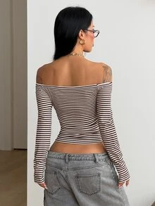 Coolane Women's Fall/Winter Streetwear Casual Y2k Basic Daily Wear Rib Knit Striped Stretchy Bustier Off The Shoulder T-Shirt - Brown - View 6