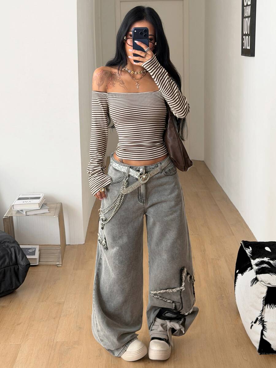 Coolane Women's Fall/Winter Streetwear Casual Y2k Basic Daily Wear Rib Knit Striped Stretchy Bustier Off The Shoulder T-Shirt - Brown - View 1