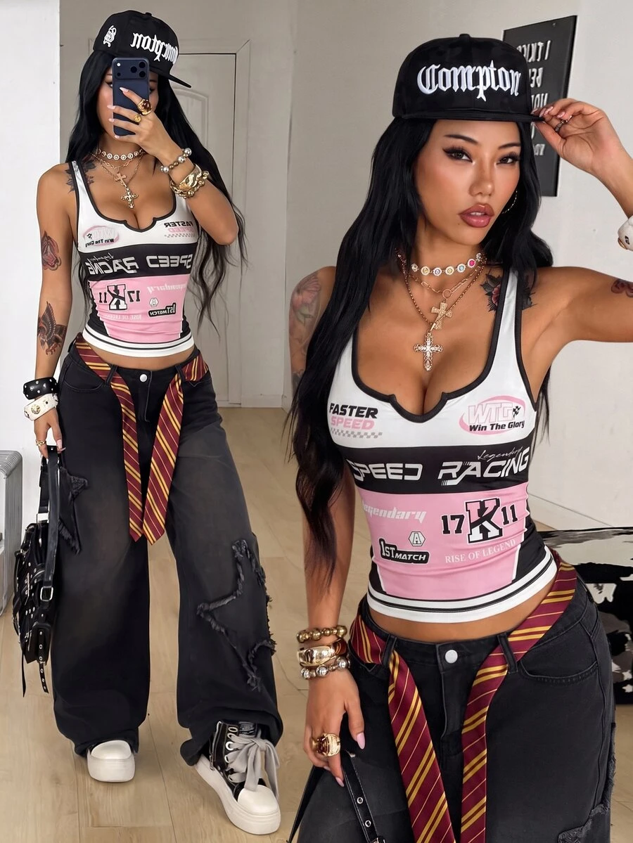 Coolane Women's Summer Streetwear Graphic Casual Ricing Y2k Stretchy White Bustier Notched Sleeveless Tank Tops Going Out Night Out Nightout - Pink - View 1