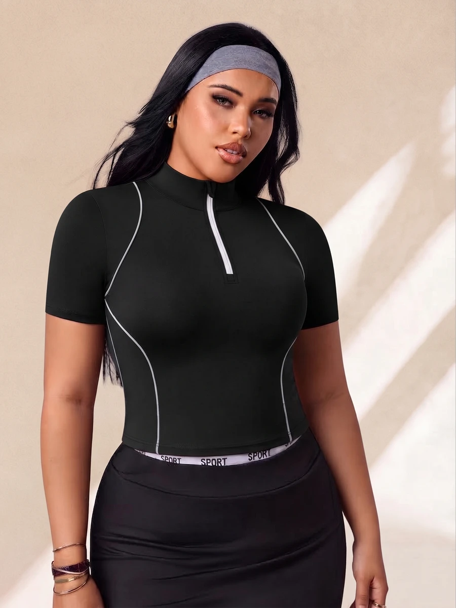 Rhythm Era Plus Contrast Piping Half Zip Sports Tee Pilates Gym Black And White Summer - Black - View 1