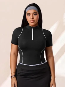 Rhythm Era Plus Contrast Piping Half Zip Sports Tee Pilates Gym Black And White Summer - Black - View 4