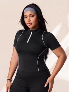 Rhythm Era Plus Contrast Piping Half Zip Sports Tee Pilates Gym Black And White Summer - Black - View 3