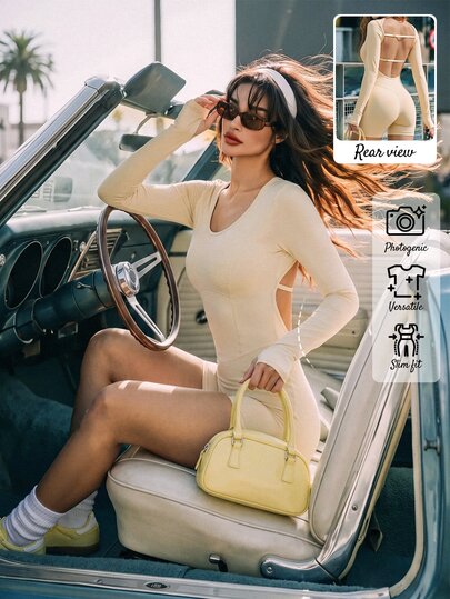 Sovereign Charm Jumpsuit Olahraga Wanita Warna Kuning Ketat untuk Musim Semi/Gugur/Dingin, Leher U Lebar, Lengan Panjang dengan Lubang Jari, Tali Belakang Tipis dengan Gesper yang Dapat Diatur, Belahan Panel Depan 4-Jarum 6-Benang, Cocok untuk Aktivitas Kasual Sehari-hari, Lari, Yoga, Gym, Tenis, Golf, Bersepeda