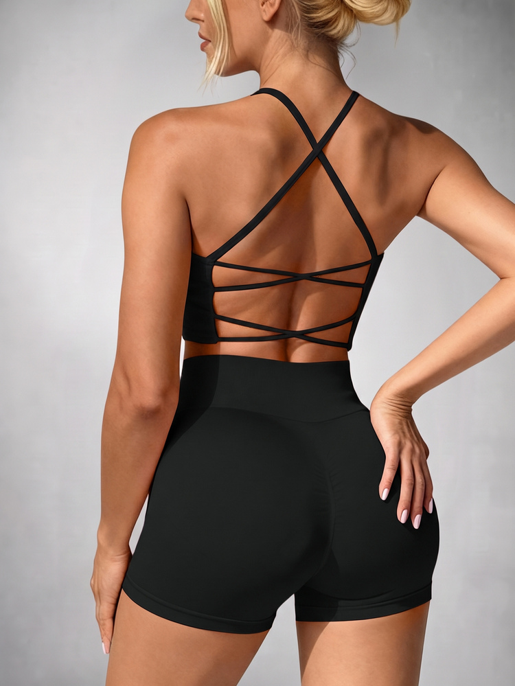 Slayform Lady's Black 2pcs Summer Athleisure Gym Set,Seamless Knit Cross Back Tank Top & High-Waisted Buttock-Raising Yoga Shorts,Sports Suit - Black - View 3