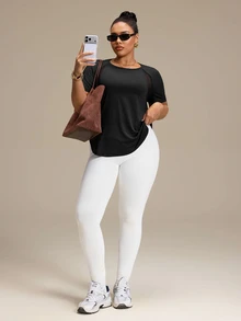 Rhythm Era Women's Plus Size Sports Yoga Outdoor Gym Short Sleeve T-Shirt, Raglan Sleeves, Geometric Mesh Patchwork On Shoulders And Back, Curved Hem - Black - View 8