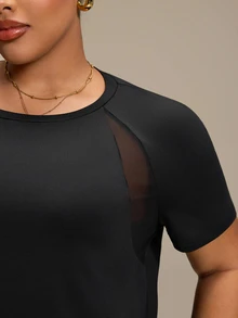 Rhythm Era Women's Plus Size Sports Yoga Outdoor Gym Short Sleeve T-Shirt, Raglan Sleeves, Geometric Mesh Patchwork On Shoulders And Back, Curved Hem - Black - View 7