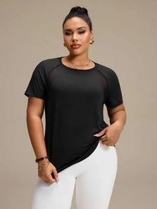 Rhythm Era Women's Plus Size Sports Yoga Outdoor Gym Short Sleeve T-Shirt, Raglan Sleeves, Geometric Mesh Patchwork On Shoulders And Back, Curved Hem - Black - View 2