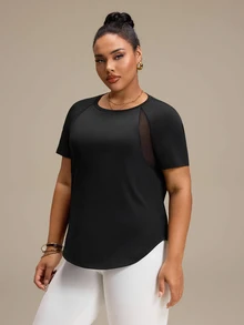 Rhythm Era Women's Plus Size Sports Yoga Outdoor Gym Short Sleeve T-Shirt, Raglan Sleeves, Geometric Mesh Patchwork On Shoulders And Back, Curved Hem - Black - View 4