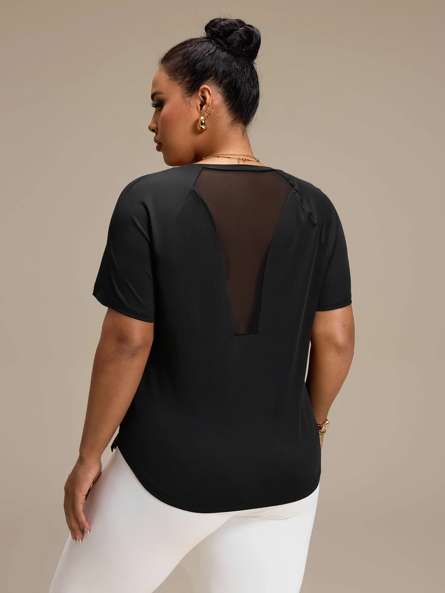 Rhythm Era Women's Plus Size Sports Yoga Outdoor Gym Short Sleeve T-Shirt, Raglan Sleeves, Geometric Mesh Patchwork On Shoulders And Back, Curved Hem - Black - View 1