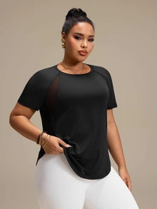 Rhythm Era Women's Plus Size Sports Yoga Outdoor Gym Short Sleeve T-Shirt, Raglan Sleeves, Geometric Mesh Patchwork On Shoulders And Back, Curved Hem - Black - View 5