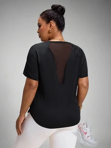 Rhythm Era Women's Plus Size Sports Yoga Outdoor Gym Short Sleeve T-Shirt, Raglan Sleeves, Geometric Mesh Patchwork On Shoulders And Back, Curved Hem - Black - View 3