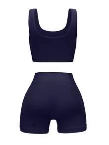 Velisys Velisys 2 Pcs Women Solid Ribbed Tank Top & Shorts Seamless Sports Suits Workout Women Sets - Multicolor - View 8