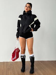 SHEIN Sports 女士运动夹克冬季外套冬季保暖厚款保暖夹克，冬季夹克女士休闲户外夹克户外徒步夹克女士休闲夹克，保暖外套，秋冬夹克，厚款夹克保暖，冬季外套女士运动休闲夹克黑色和灰色夹克，返校 - 黑色 - 查看 9