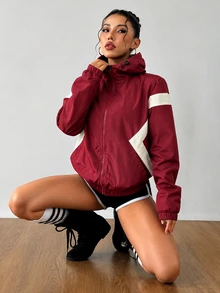 SHEIN Sports 女款拼色長袖拉鍊連帽抽繩運動外套 - 酒紅色 - 查看 4