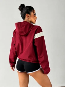 SHEIN Sports 女款拼色長袖拉鍊連帽抽繩運動外套 - 酒紅色 - 查看 3