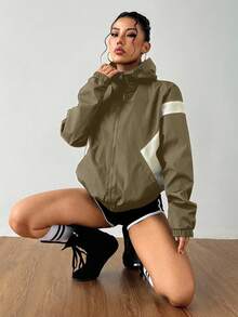 SHEIN Sports 女士户外抓绒拉链外套，休闲长袖 - 橄欖綠 - 查看 7